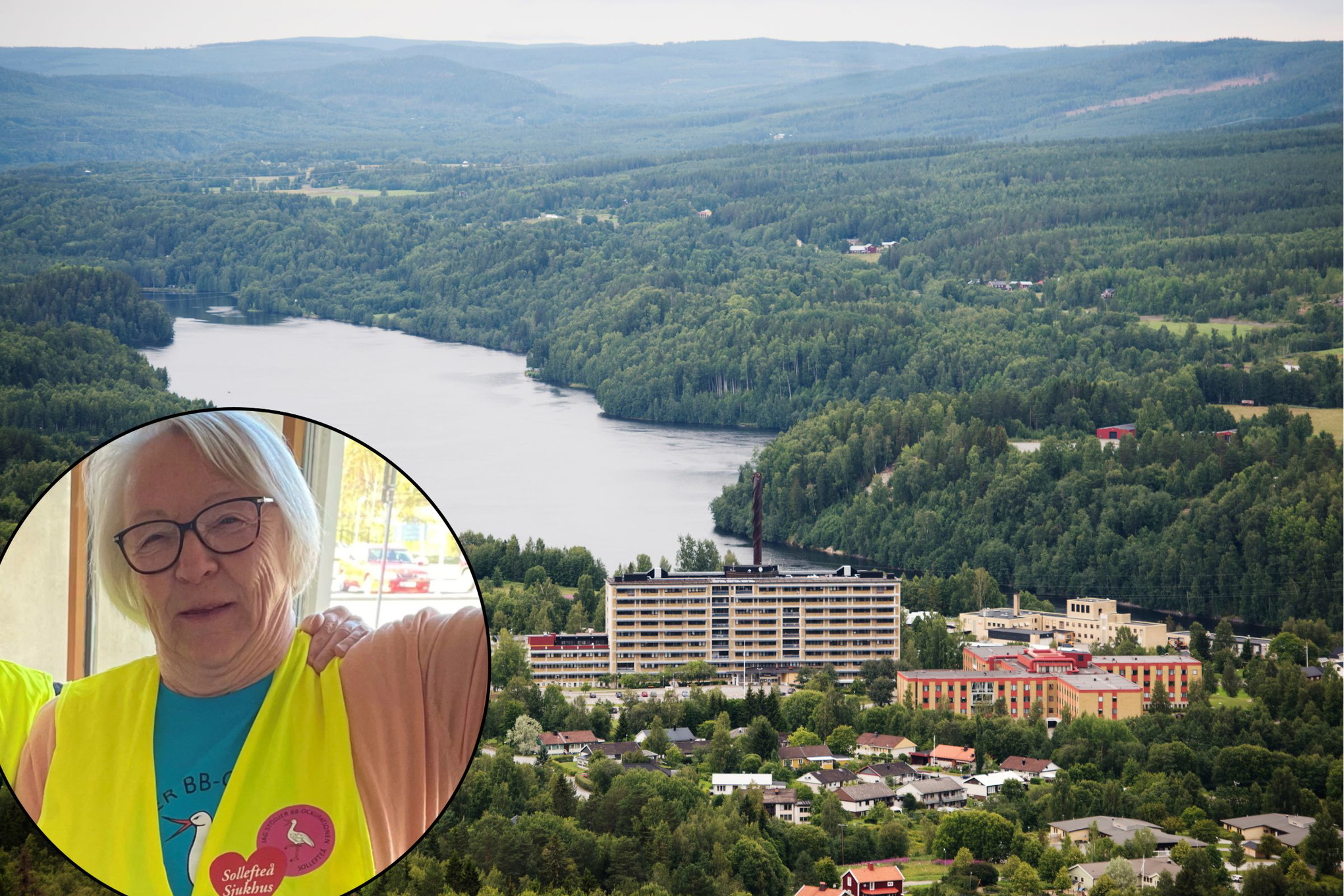 Barbro Mikaelsson i förgrunden och Sollefteå sjukhus i bakgrunden