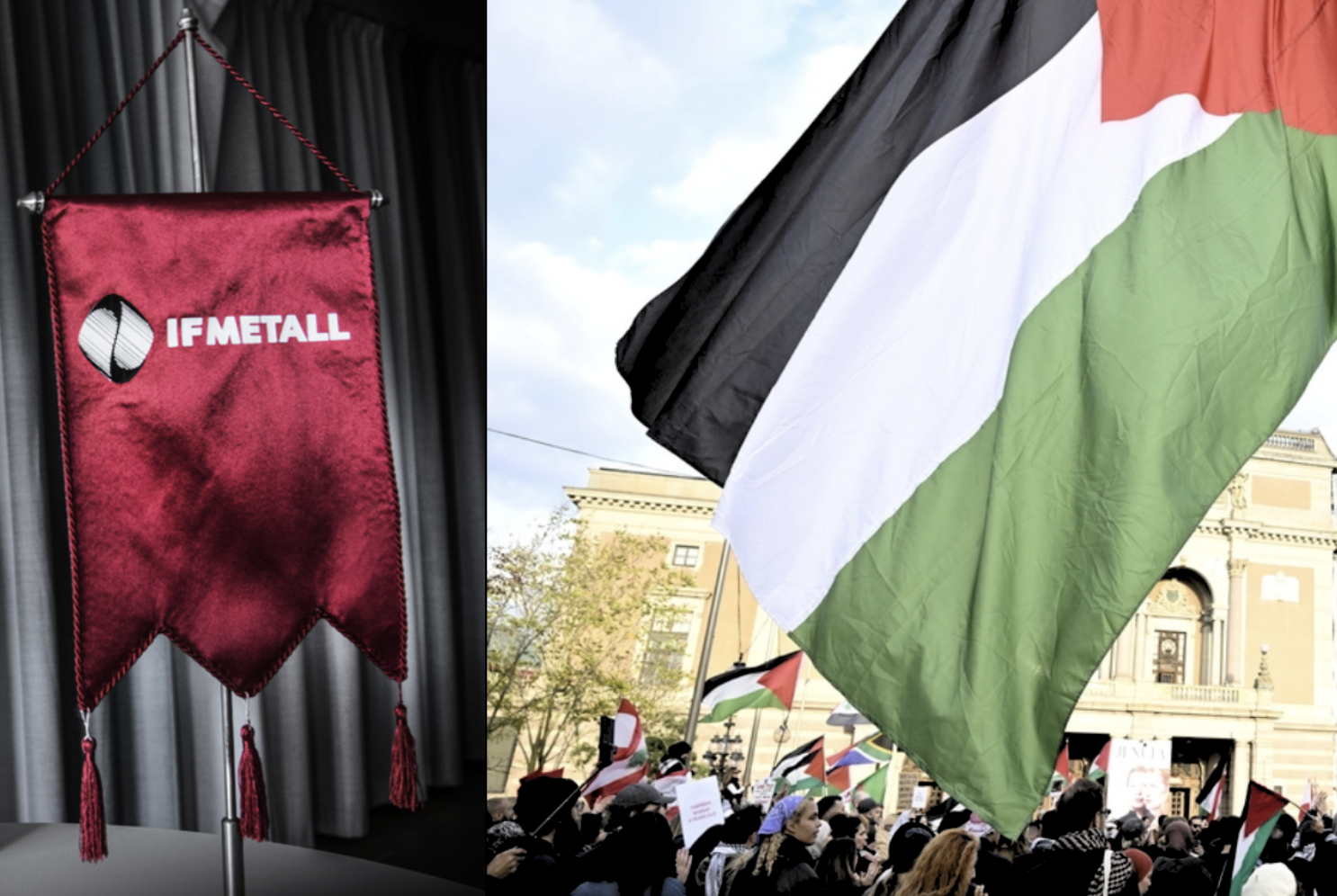 Till vänster: en IF Metall-fana. Till höger: Palestinas flagga