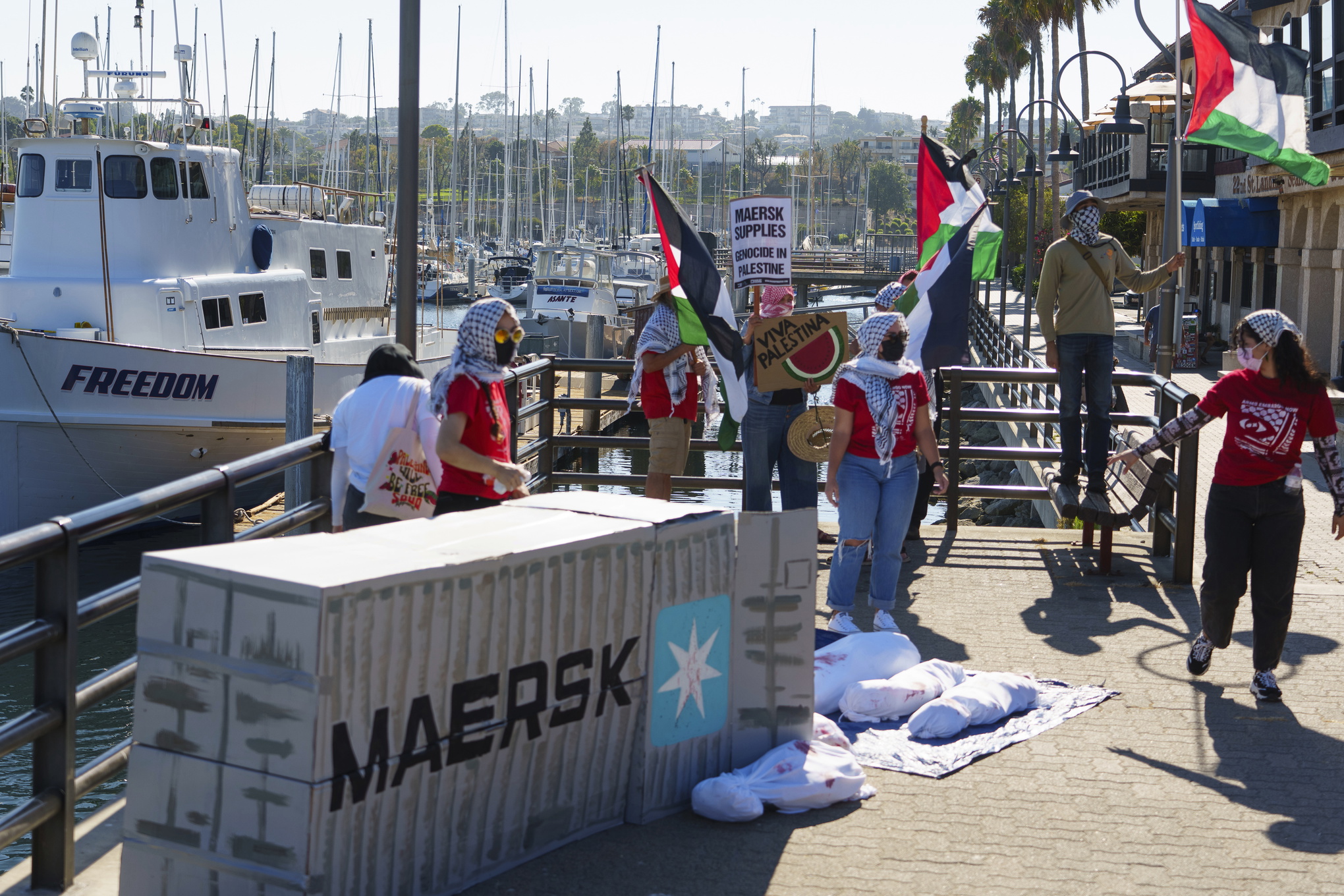 Aktivister för palestina med en hemagjord Maersk container som rekvisita