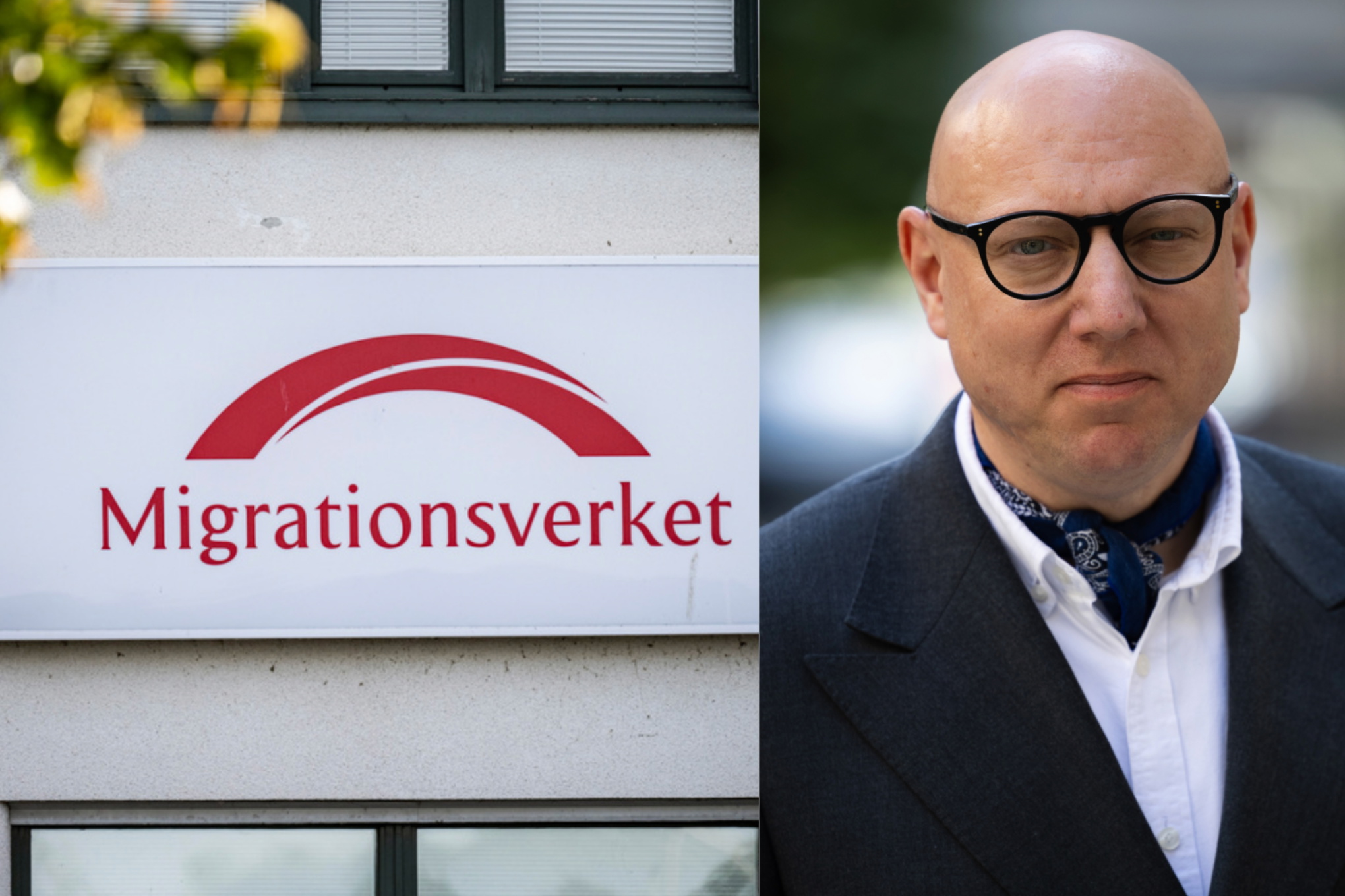 En skyld där det står Migrationsverket till vänster och ett foto på Migrationsverkets presschef til höger.