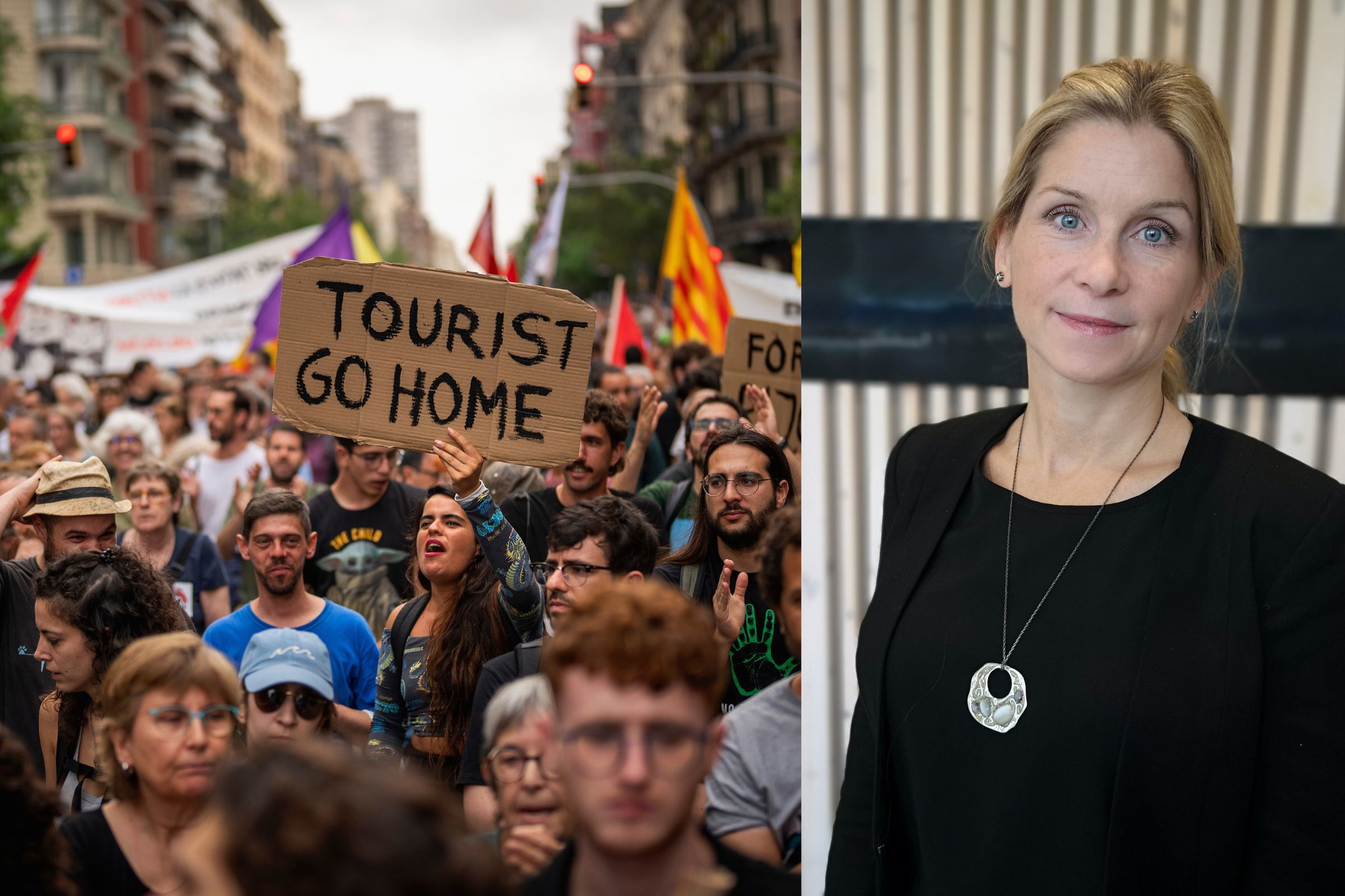 Sandra Wall-Reinius i förgrunden. Protester mot turism i bakgrunden