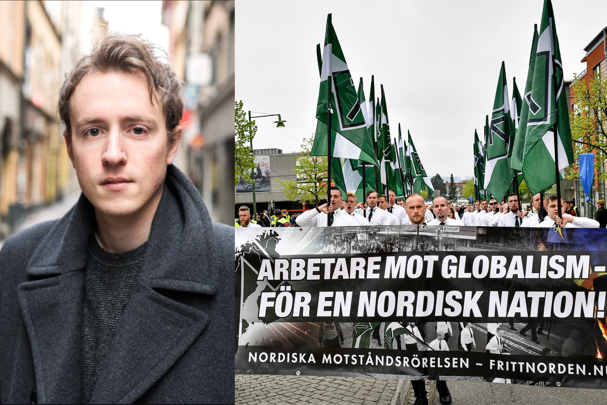 Morgan Finnsiö till vänster, nordiska motståndsrörelsen i demonstrationståg till höger