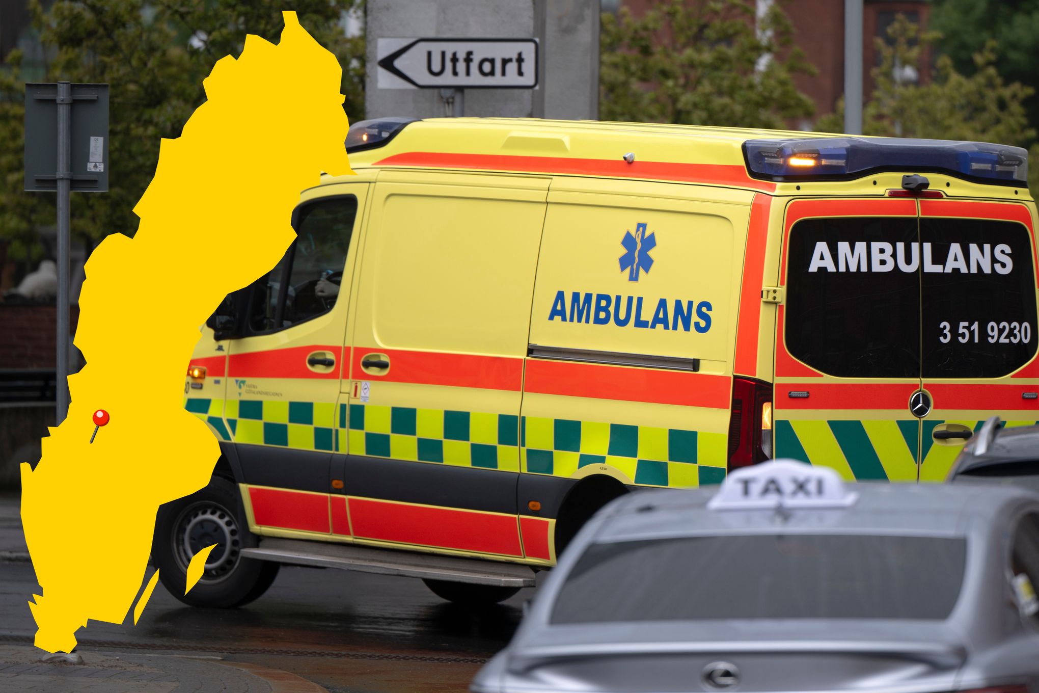 Ambulans på väg, Karlstad utmärkt på karta