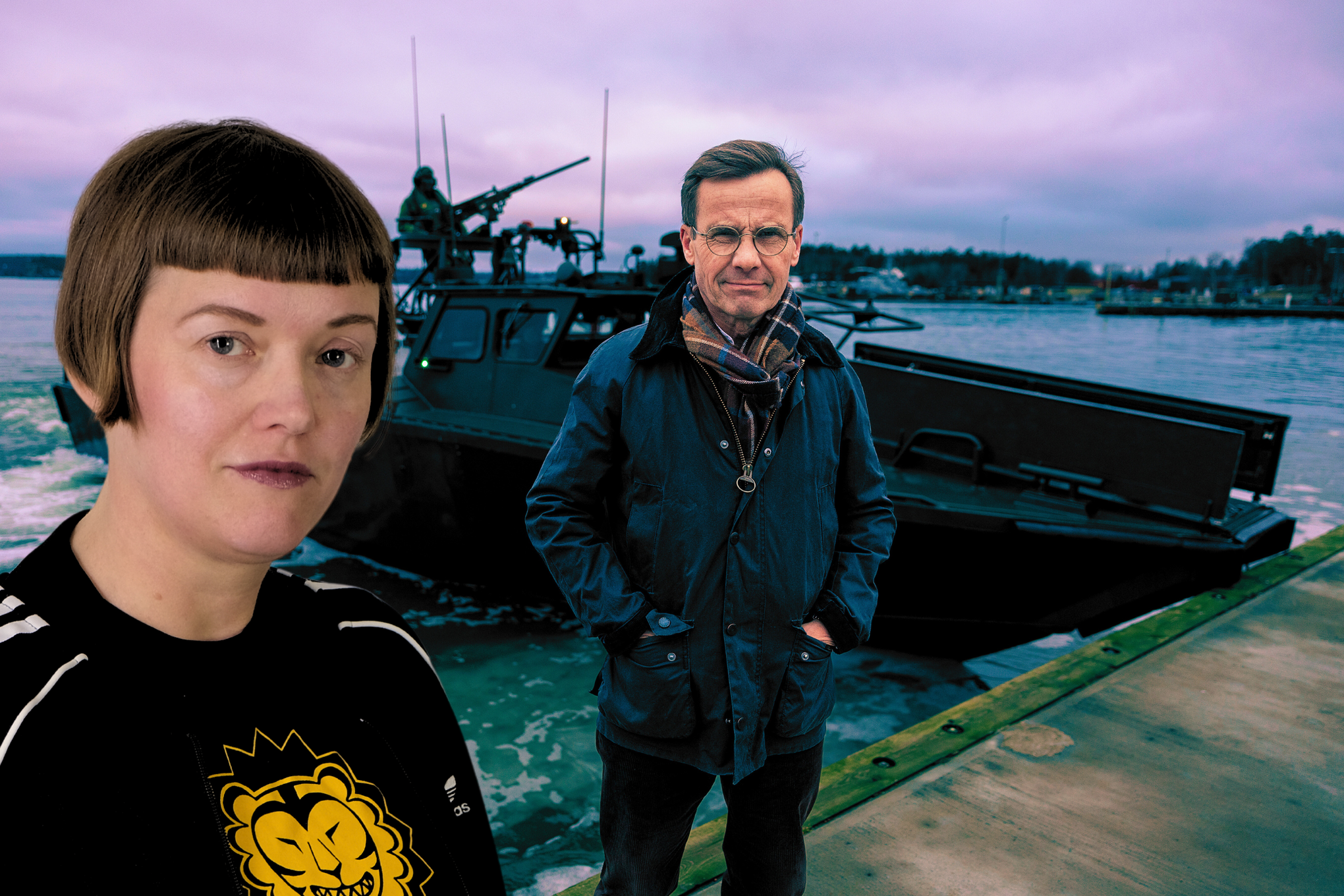 Montage: Arbetarens chefredaktör Amalthea Frantz i förgrunden, statsminister Ulf Kristersson och en militärbåt i bakgrunden