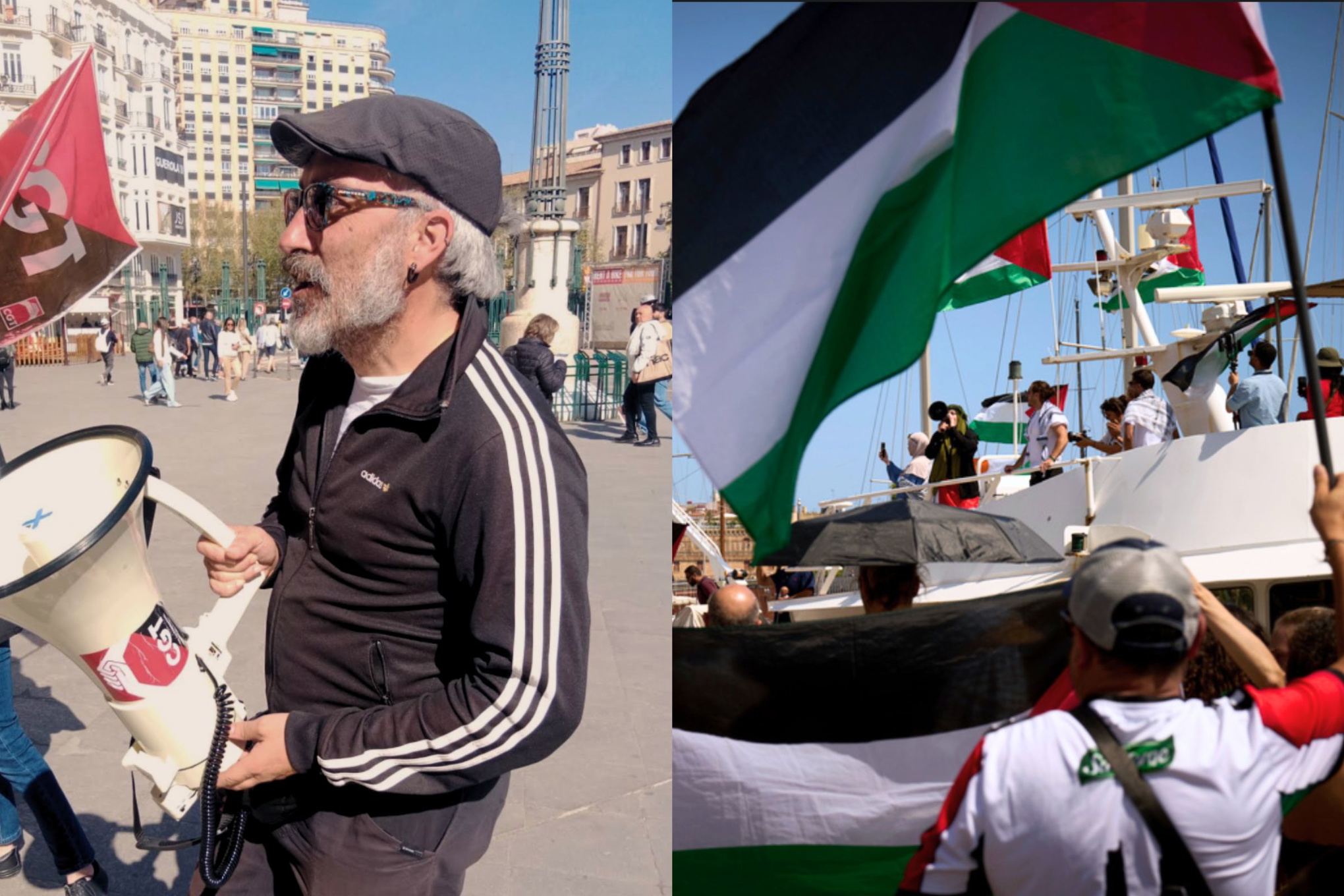 Bild på en person från CGT Valencia under en protest för Palestina. Till höger bild från båtar i Barcelona på väg till Gaza.