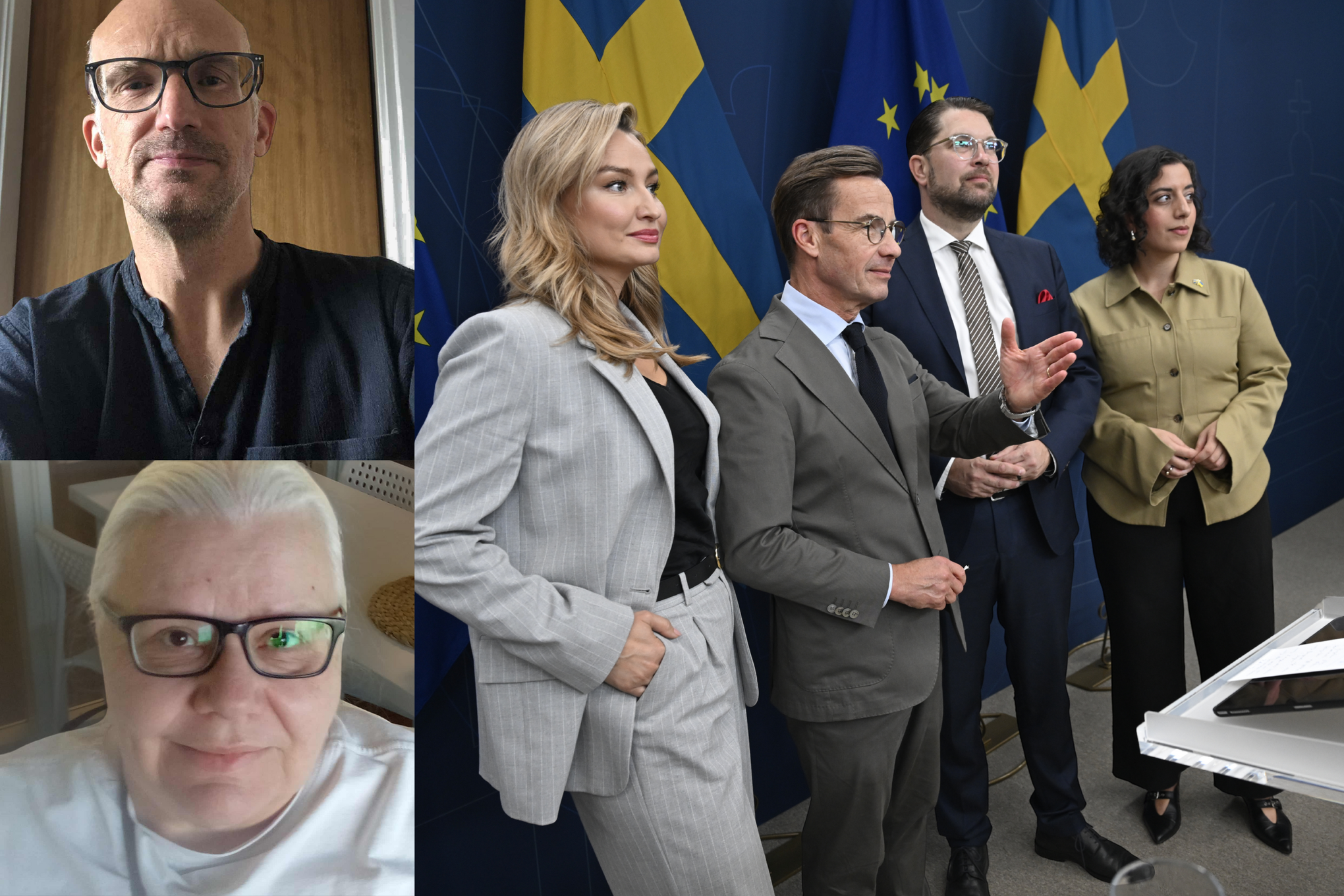 Bilden är ett montage med två personer till vänster som påverkats av regeringens försämringar av A-kassan. Till höger i montaget står företrädare för Tidöregeringen
