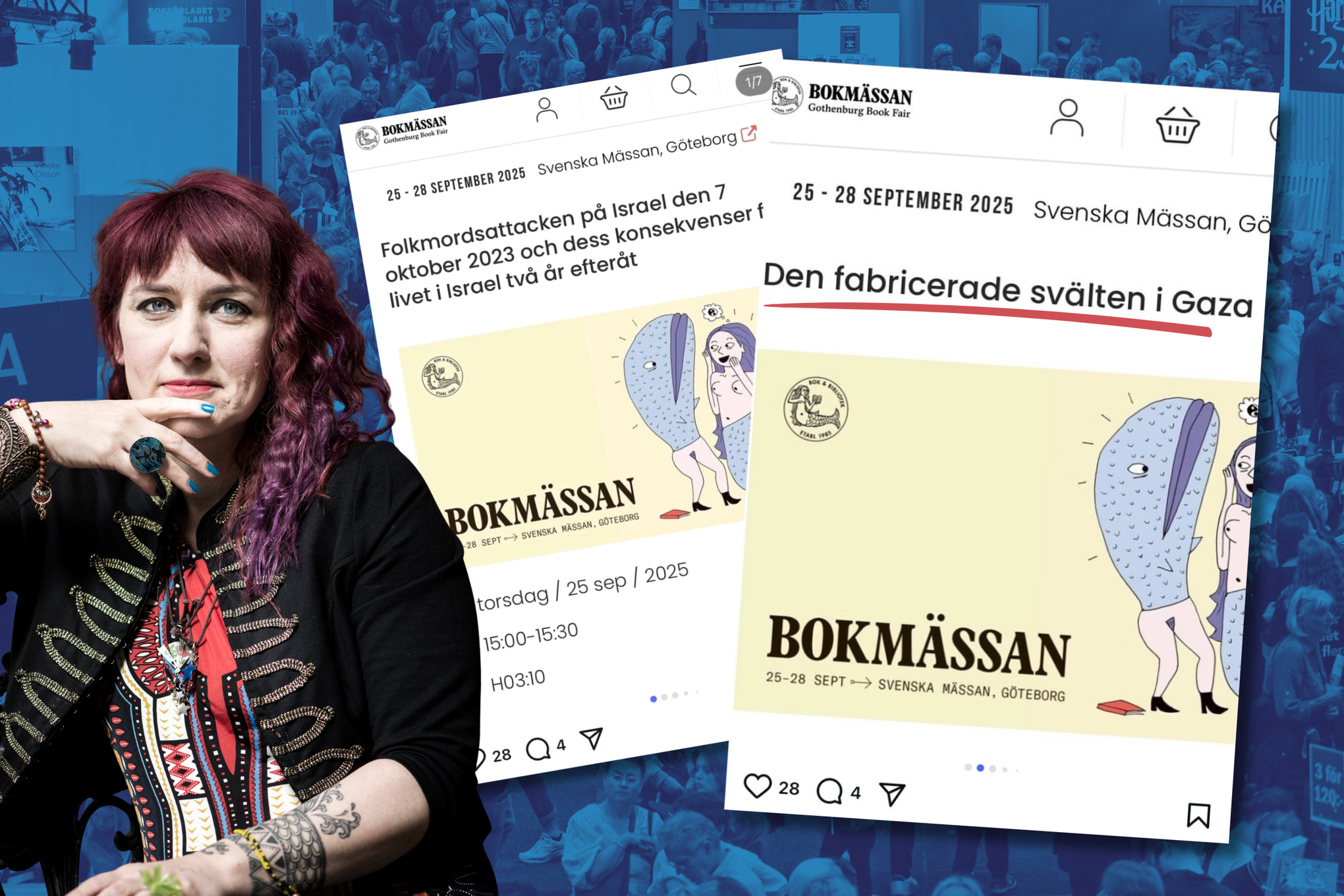 Montage: Till vänster i bilden står författaren Anna Jörgensdotter, till höger skärmdumpar från Bokmässan med texten "den fabricerade svälten i Gaza"
