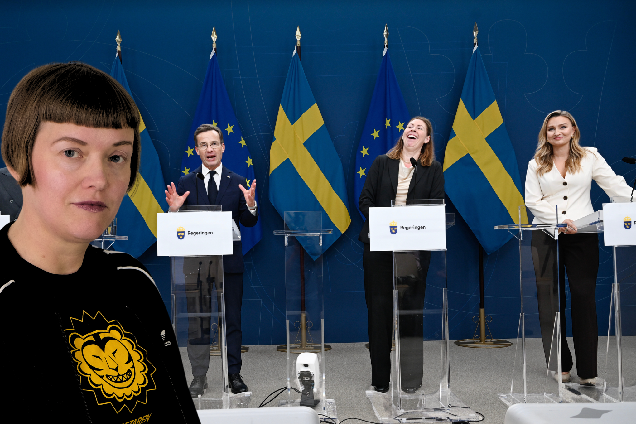 Montage Arbetaren. Till vänster i bilden Arbetarens chefredaktör Amalthea Frantz till höger i bilden delar av Tidöregeringen