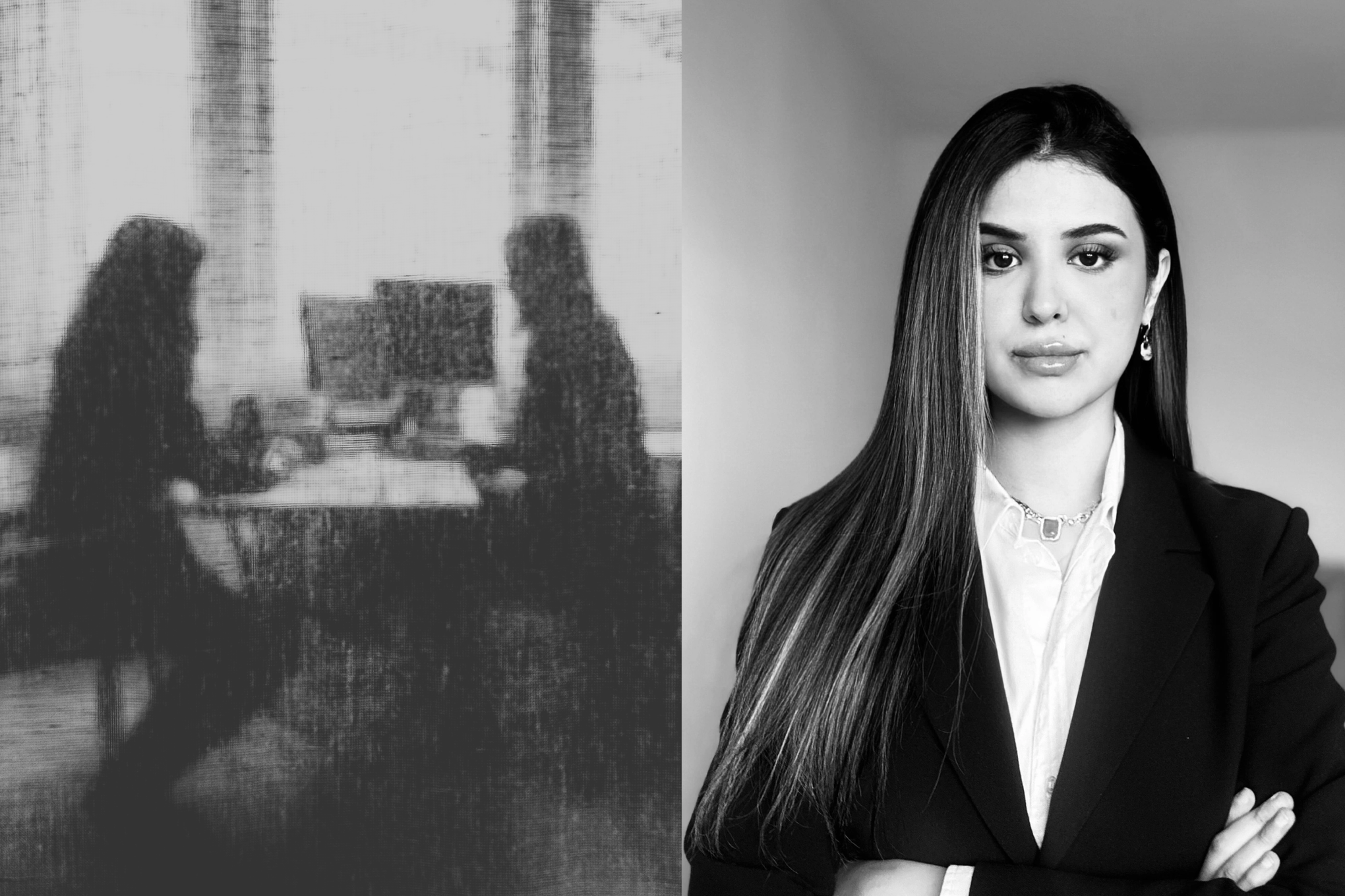 Montage: Till vänster i bilden två personer inbegripna i ett samtal. Till höger porträtt av juristen Zahraa Aljuboori