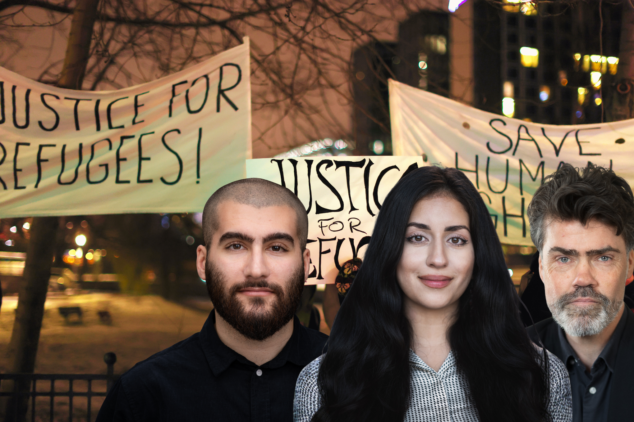 Montage: I bakgrunden demonstration för flyktingarnas rättigheter. Till höger i förgrunden advokaterna Miran Kakaee, Nina Pirooz och Tomas Fridh