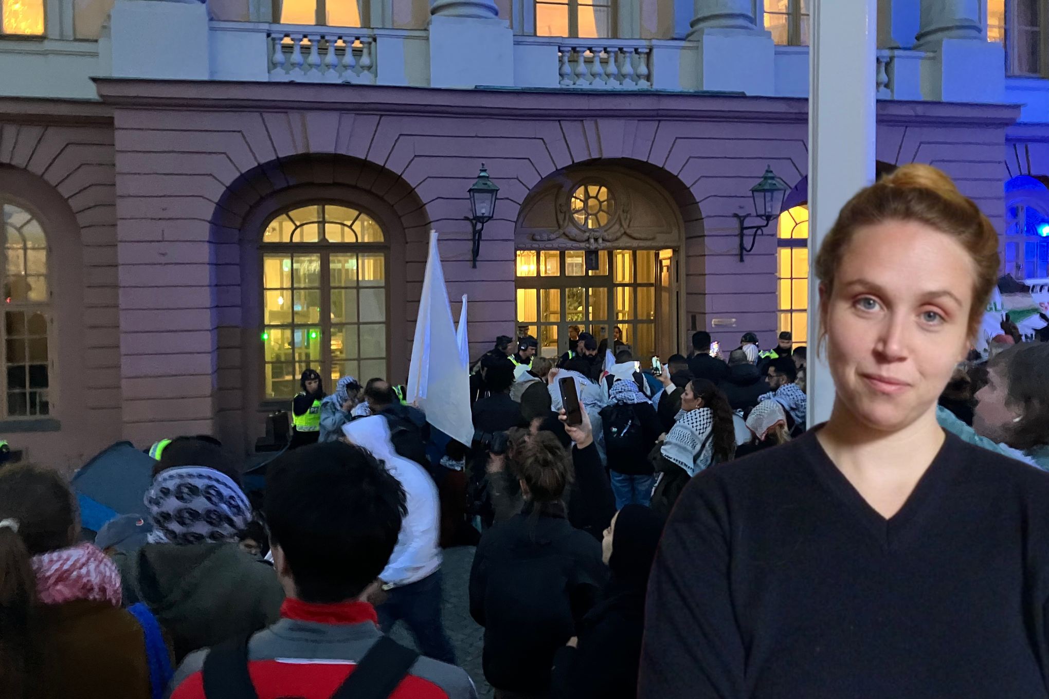 Bilden är ett montage. I bakgrunden syns Gaza-protesten utanför UD. Till höger i förgrunden ett porträtt Tuija Roberntz