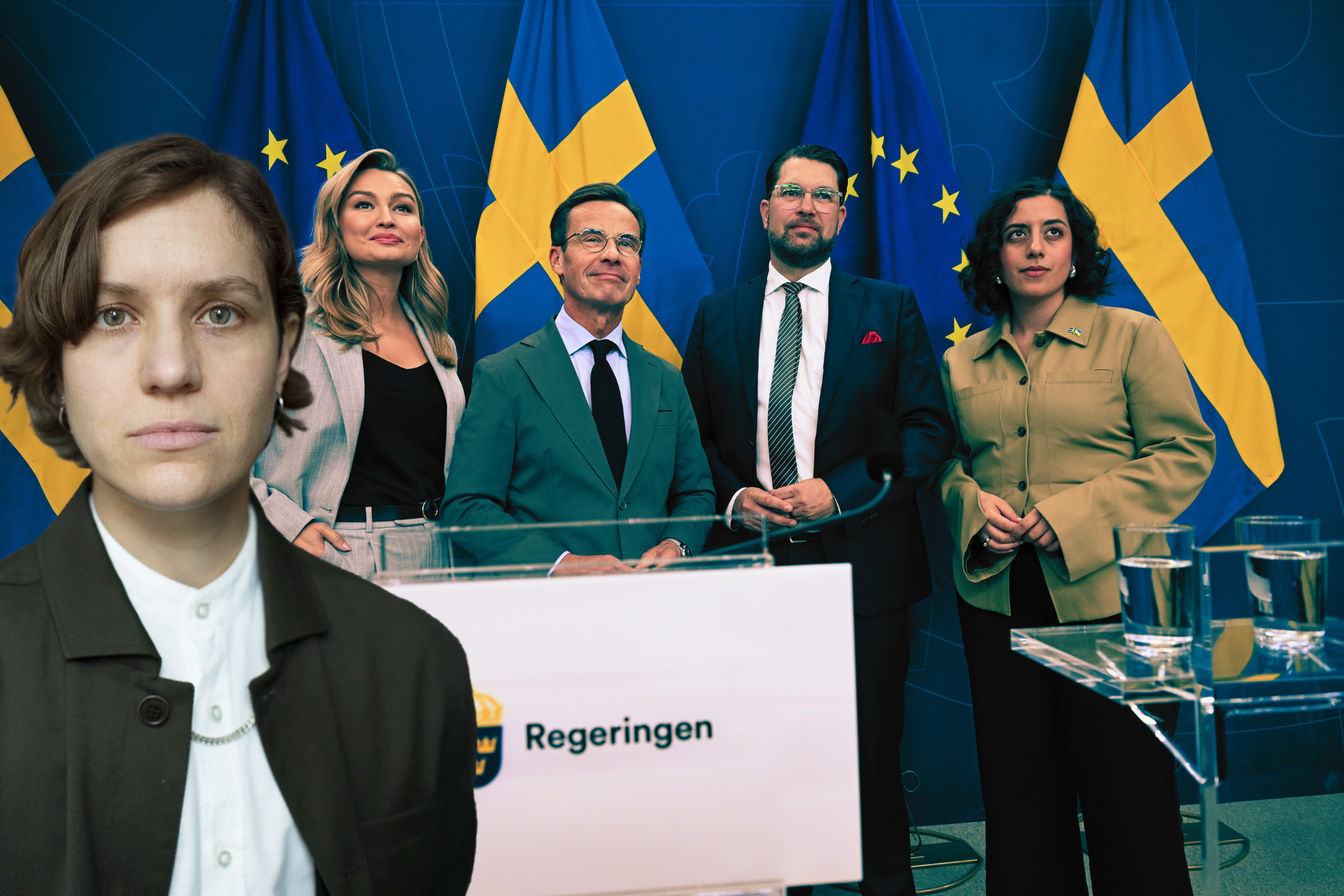 Montage: Silas Aliki inklippt fram ett foto av Ebba Busch, Ulf Kristersson, Jimmie Åkesson, Simona Mohamsson