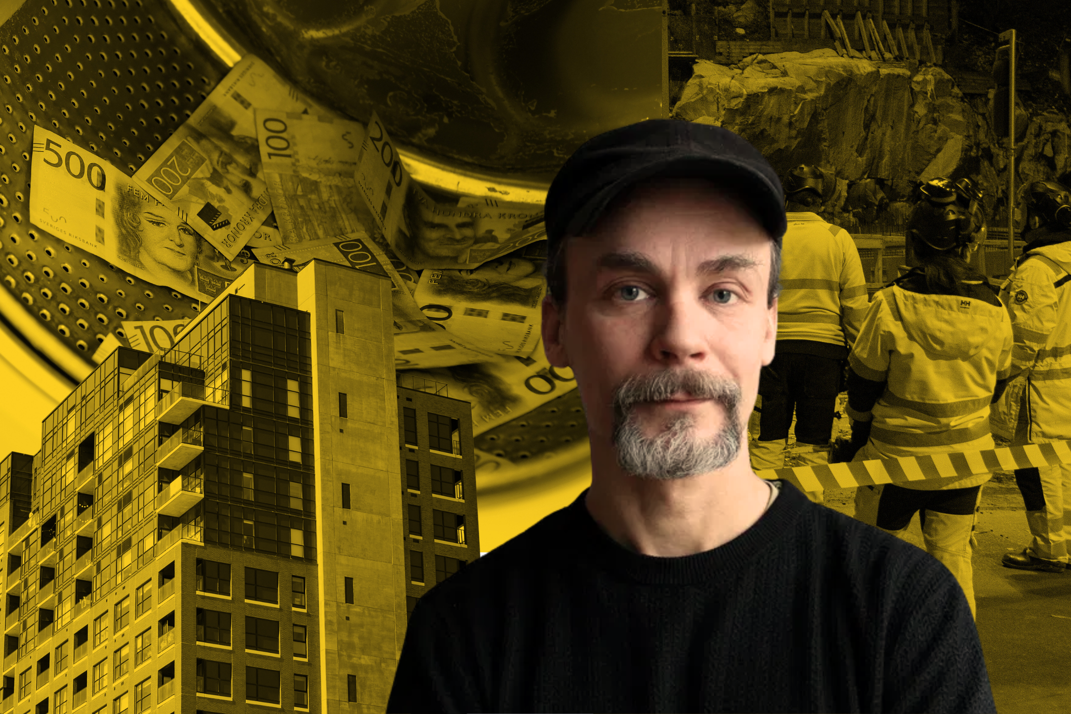Montage: Byggarbetare, pengar i en tvättmaskin, hyreshus och portätt av Emil Boss