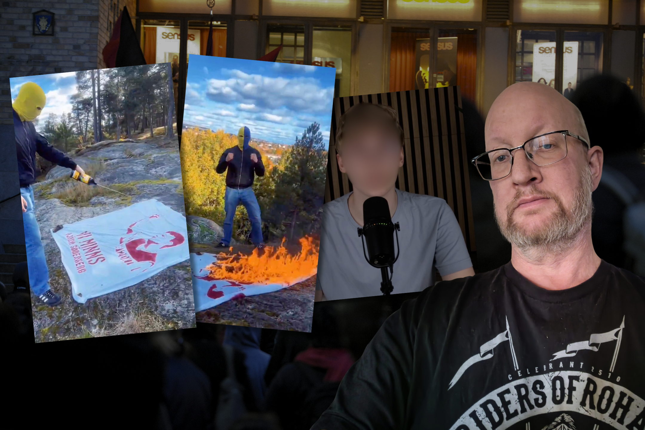Montage: Bilder hur Björn Söderberg Banderoll bränns och en youtuber. Till höger i bilden skribenten Mathias Wåg
