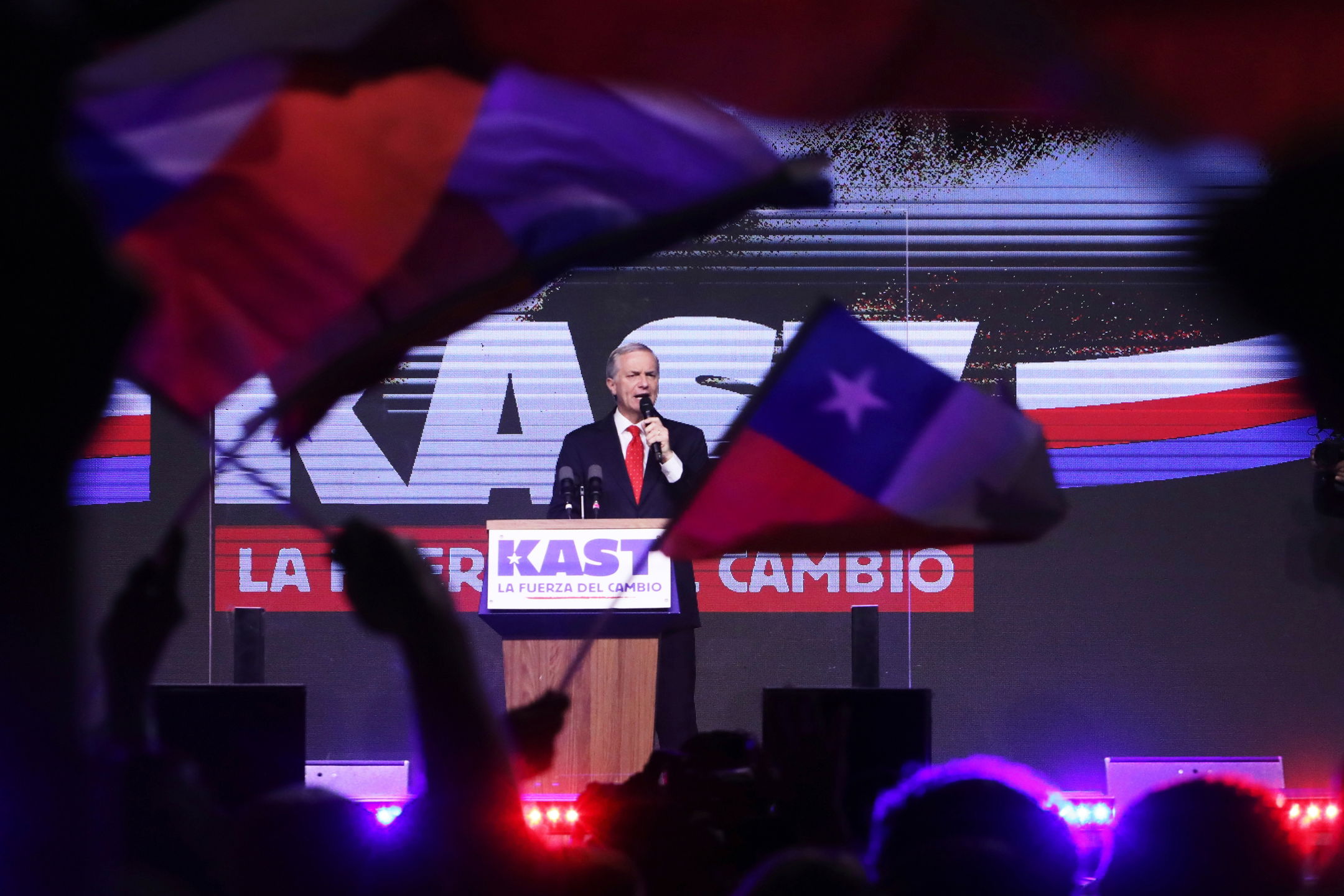 Presidential candidate Jose Antonio Kast of the Republican Party, addresses supporters after early results in the general elections in Santiago, Chile
