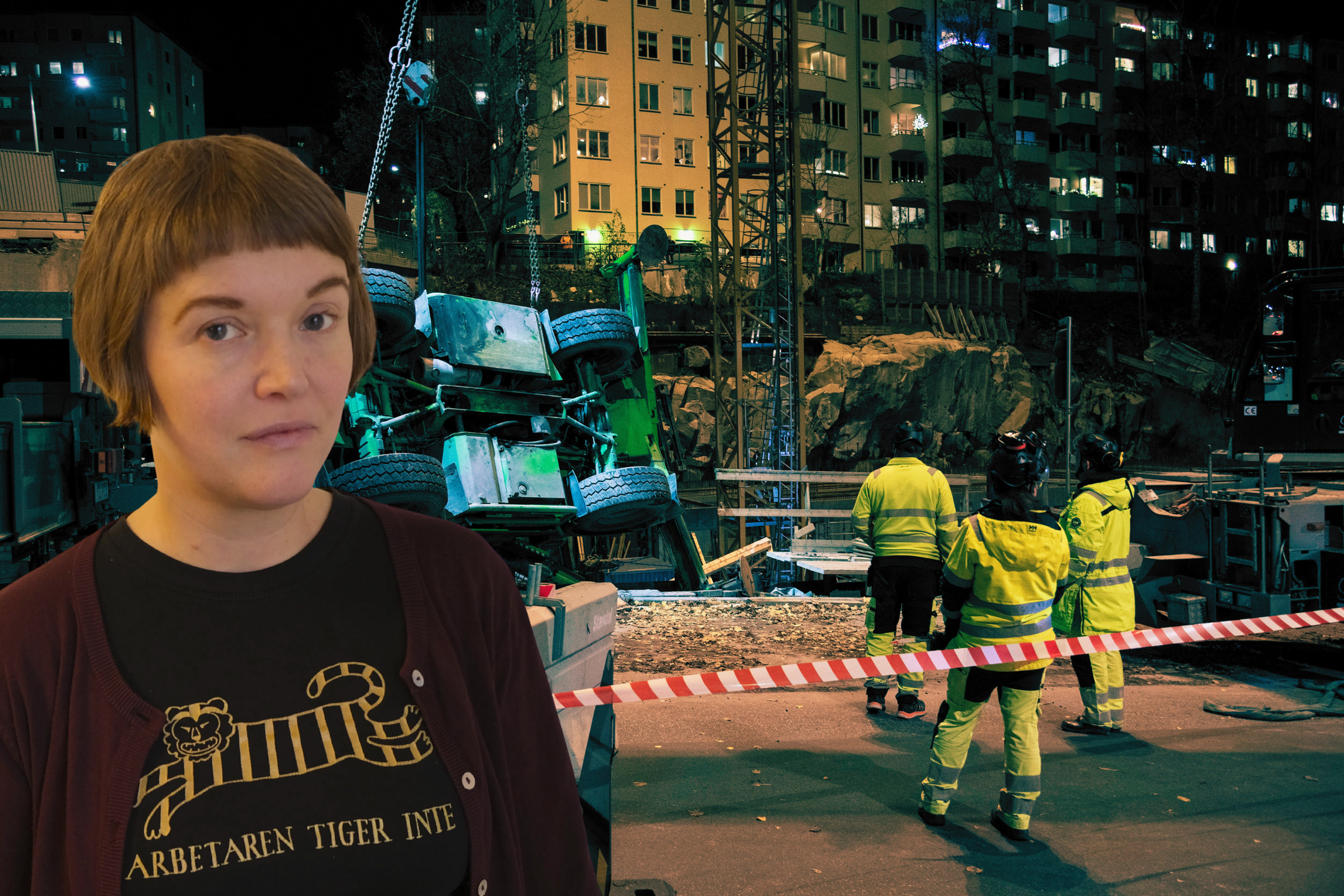 Kollage: Arbetarens chefredaktör Amalthea Frantz: till till vänster i bilden, till höger i bakgrunden bild från en byggarbetsplats där en har kran vält