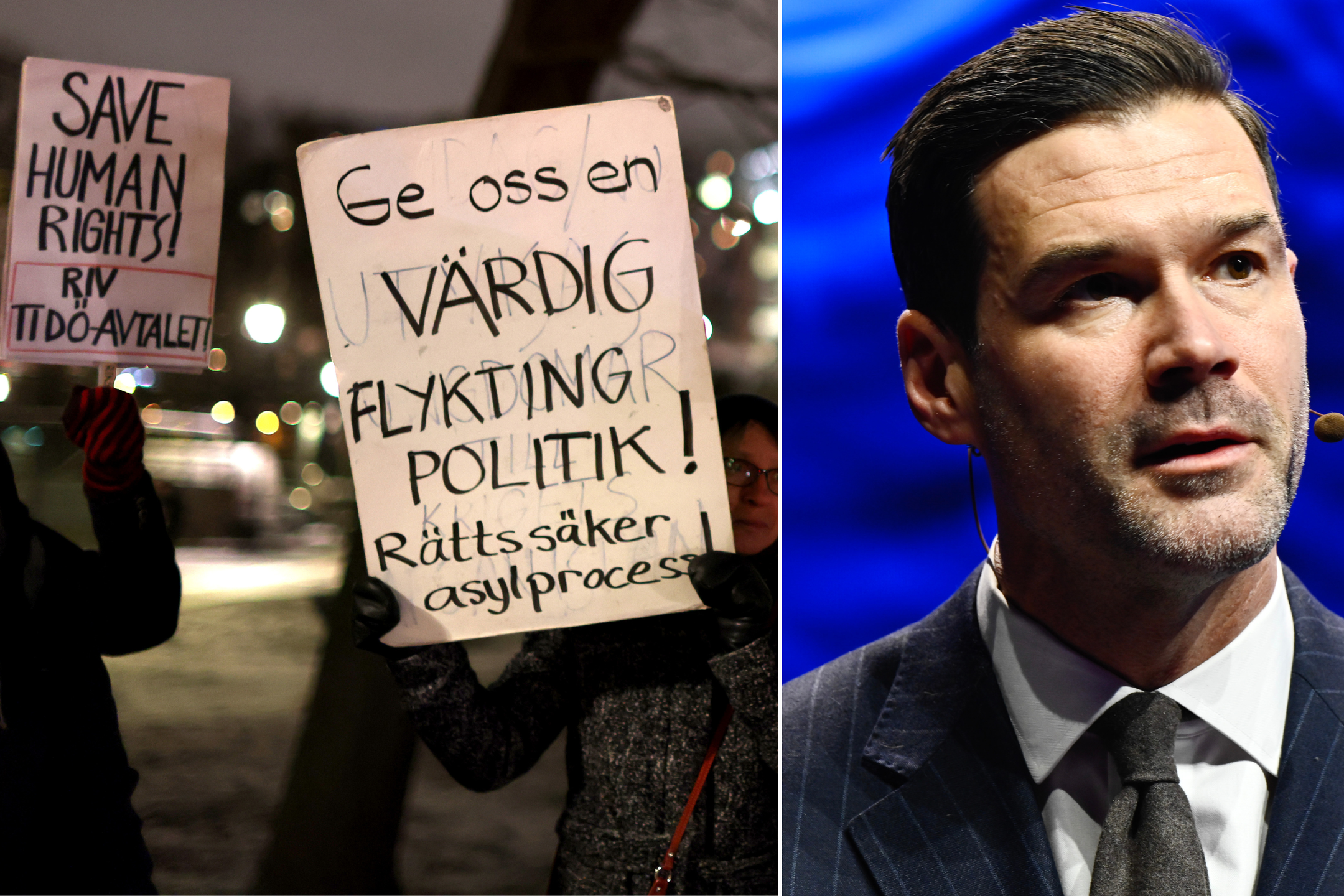 Protester mot Johan Forsell och Tidöregeringens migrationspolitik