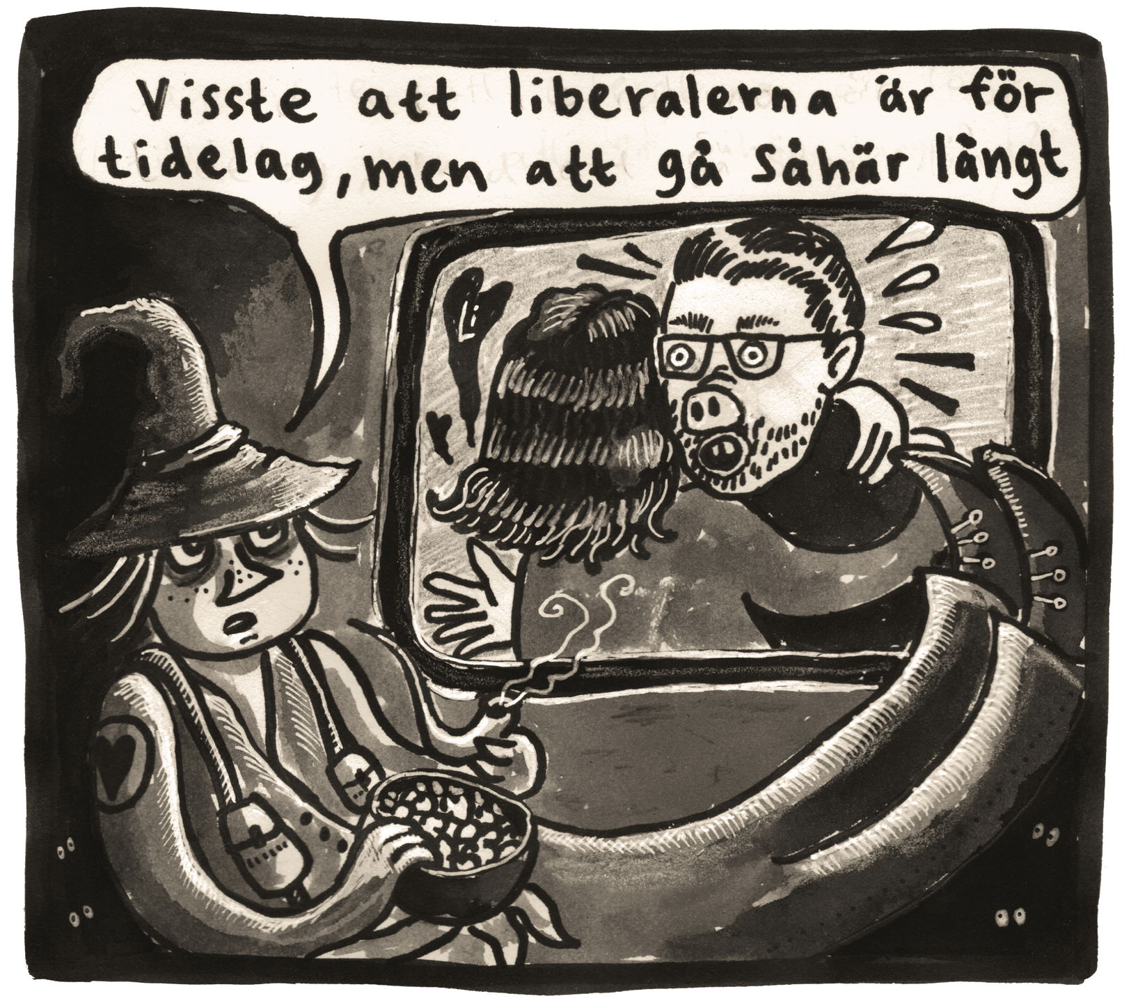 Grovsnusmumriken tittar på en tv-skärm där Mohamsson kramar en gris-Jimmie Åkesson och säger: Visste att liberalerna är för tidelag, men att gå såhär långt