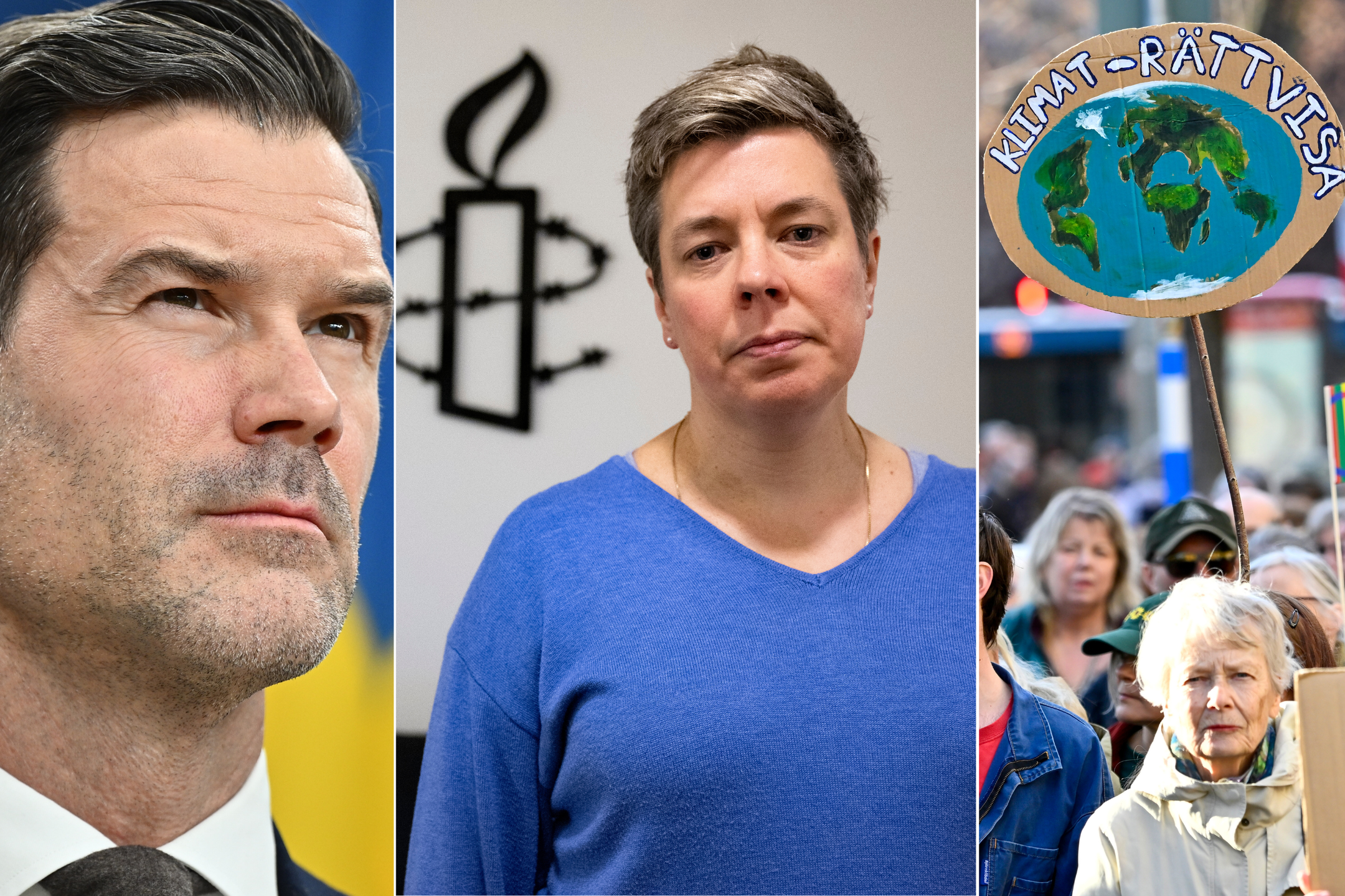 Johan Forsell, Amnestys generalsekreterare Anna Johansson och demonstration för klimatet