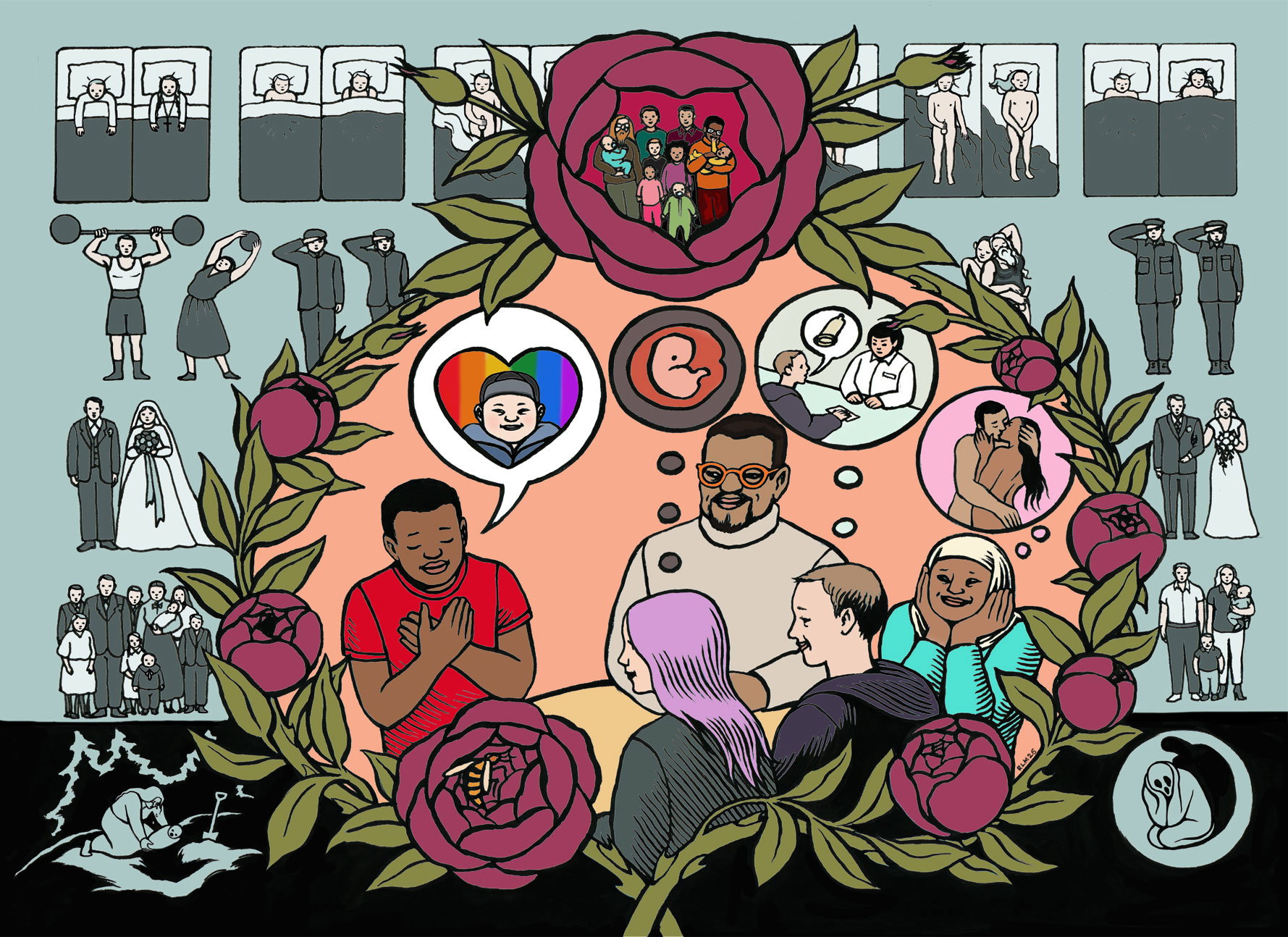 Tecknad bild: En cirkel med ungdomar och vuxna talar om barn, hbtq, kondomer, sex, graviditet, inramade av blommor. I bakgrunden skuggor av illegala aborter, äktenskap, skambelagd onani med mera.
