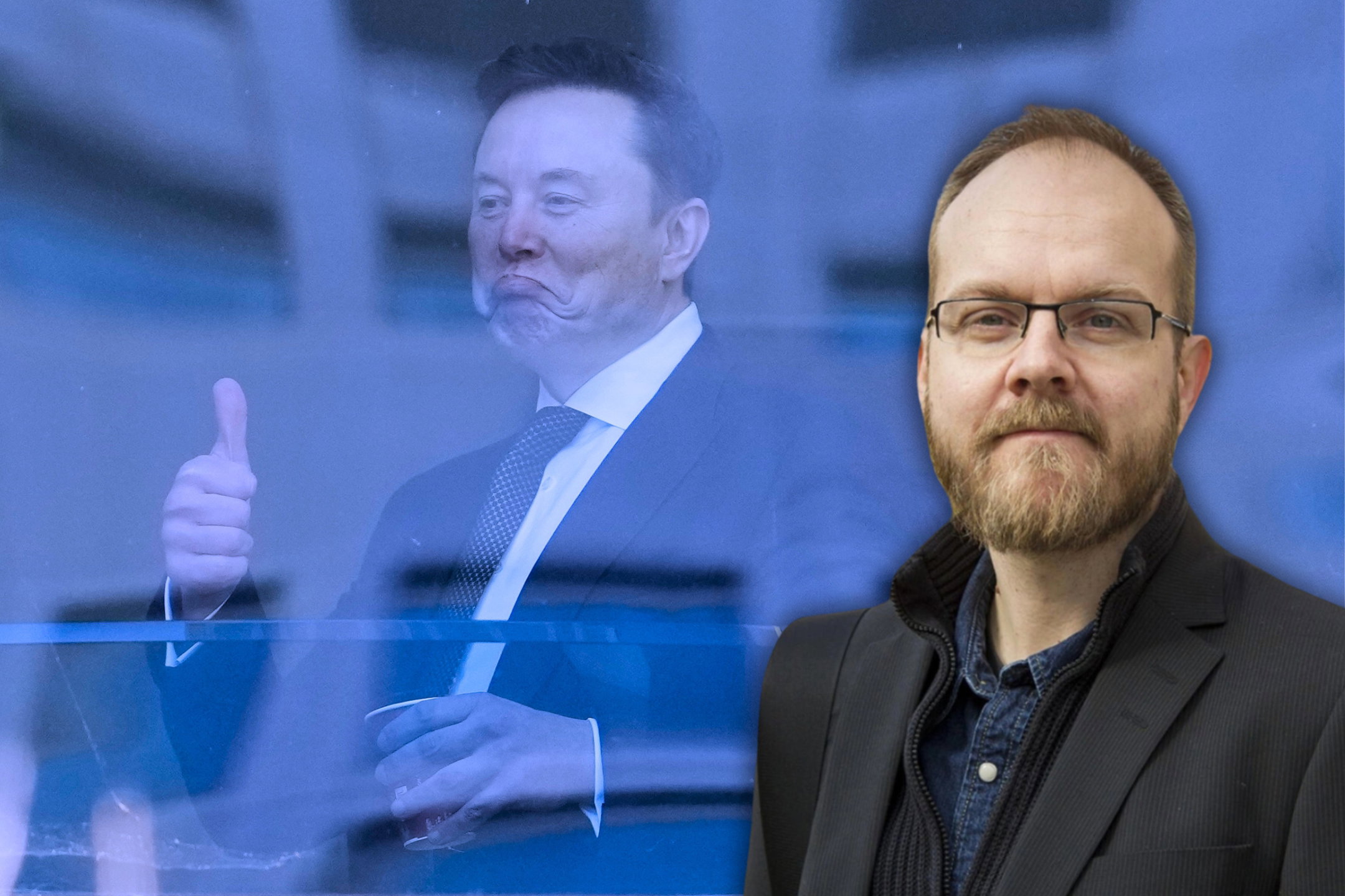 Musk gör tummen upp genom en glasruta. Till höger Per-Anders Svärd som skriver texten