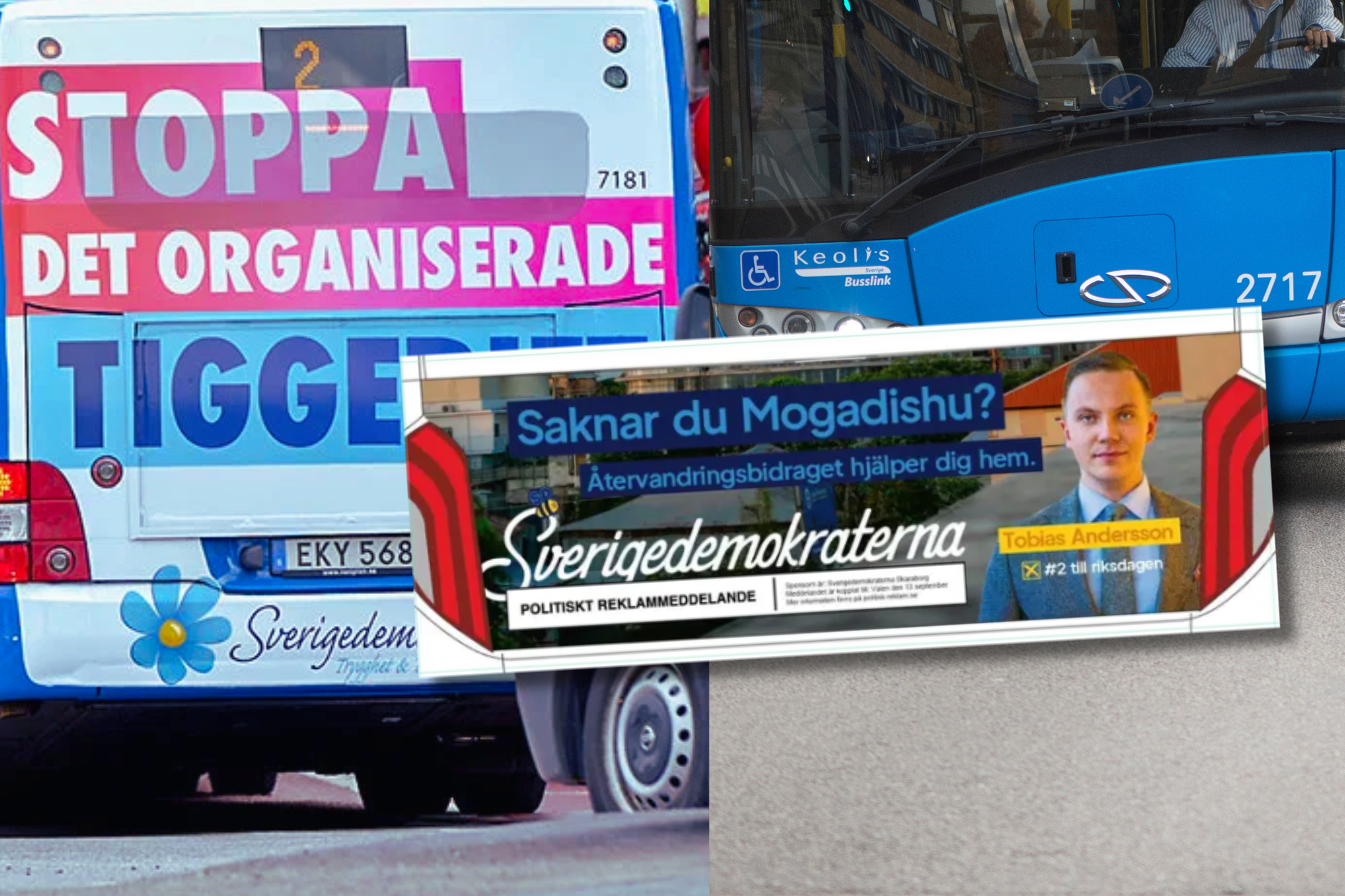 Kollage: SD valreklam 2026 med texten: Saknar du Mogadishu. Och arkivbilder på tidigare busskampanj samt arkivbild på buss från Västtrafik