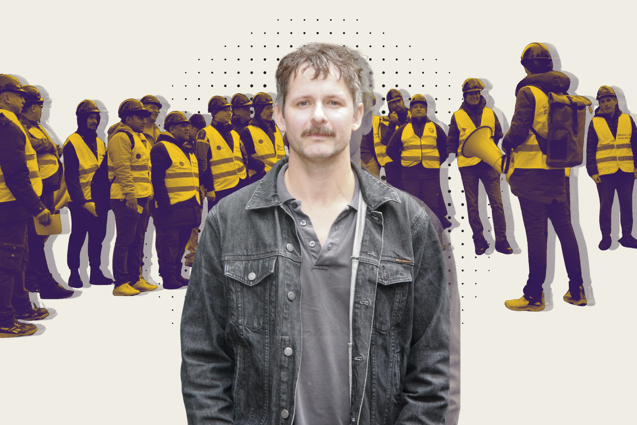 Kollage: forskaren Rasmus Ahlstrand vid Lunds Universitet i förgrunden. Inklippt i bakgrunden en blockad med Solidariska byggare