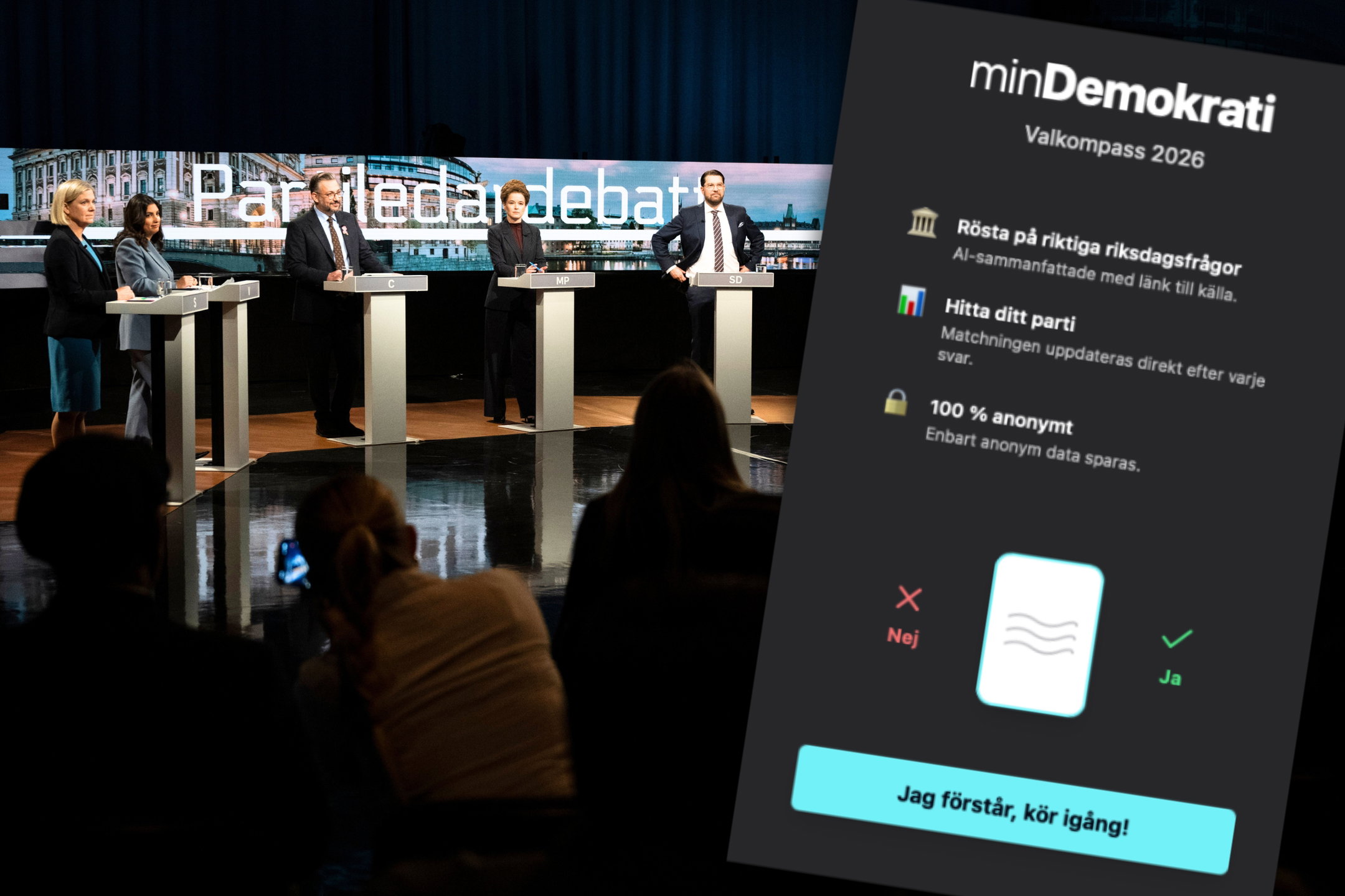 valkompass minDemokrati med en partiledardebatt i bakgrunden.