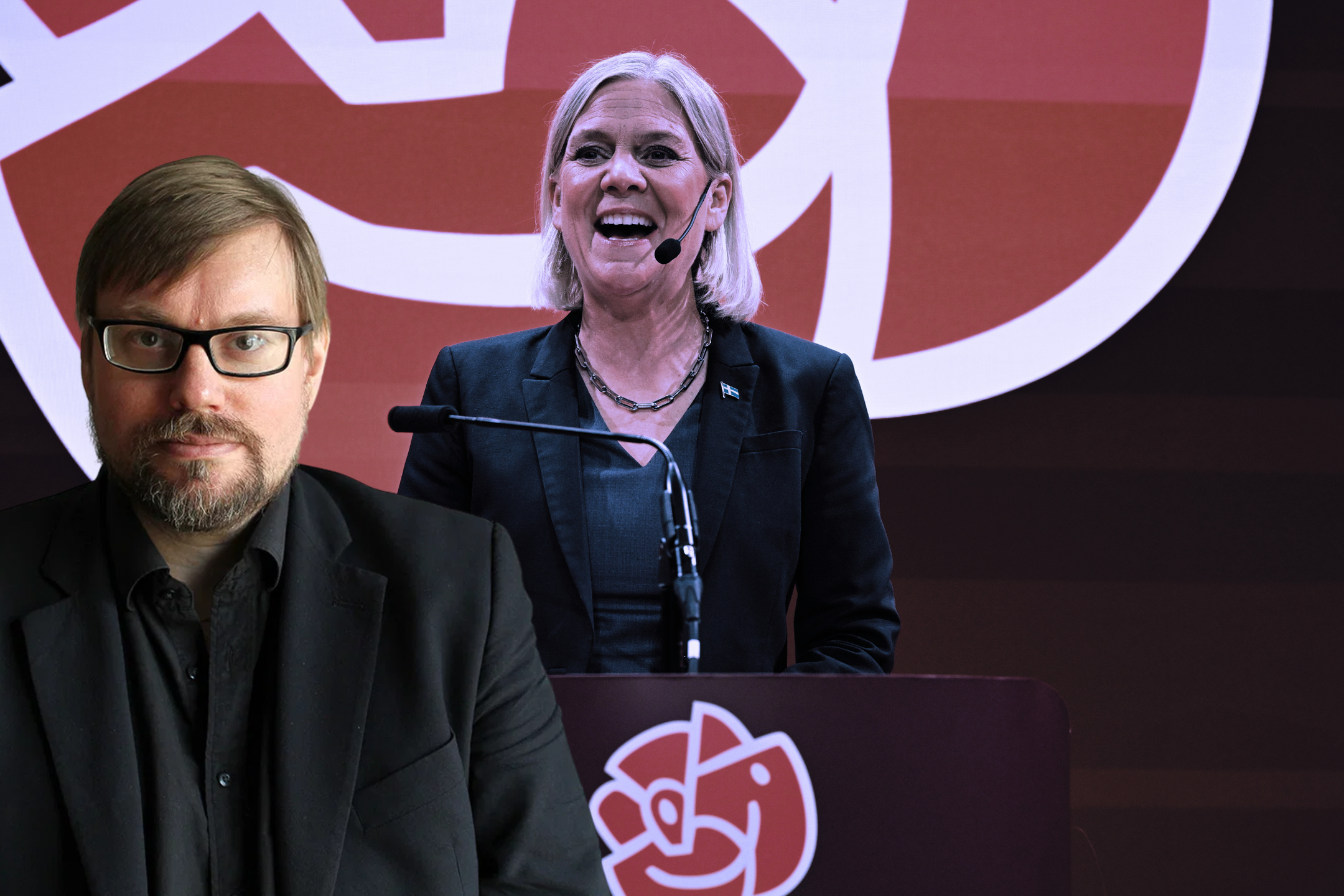 Fotomontage: Toivo Jokkala i förgrunden till vänster. I bakgrunden Socialdemokraternas partiledare Magdalena Andersson