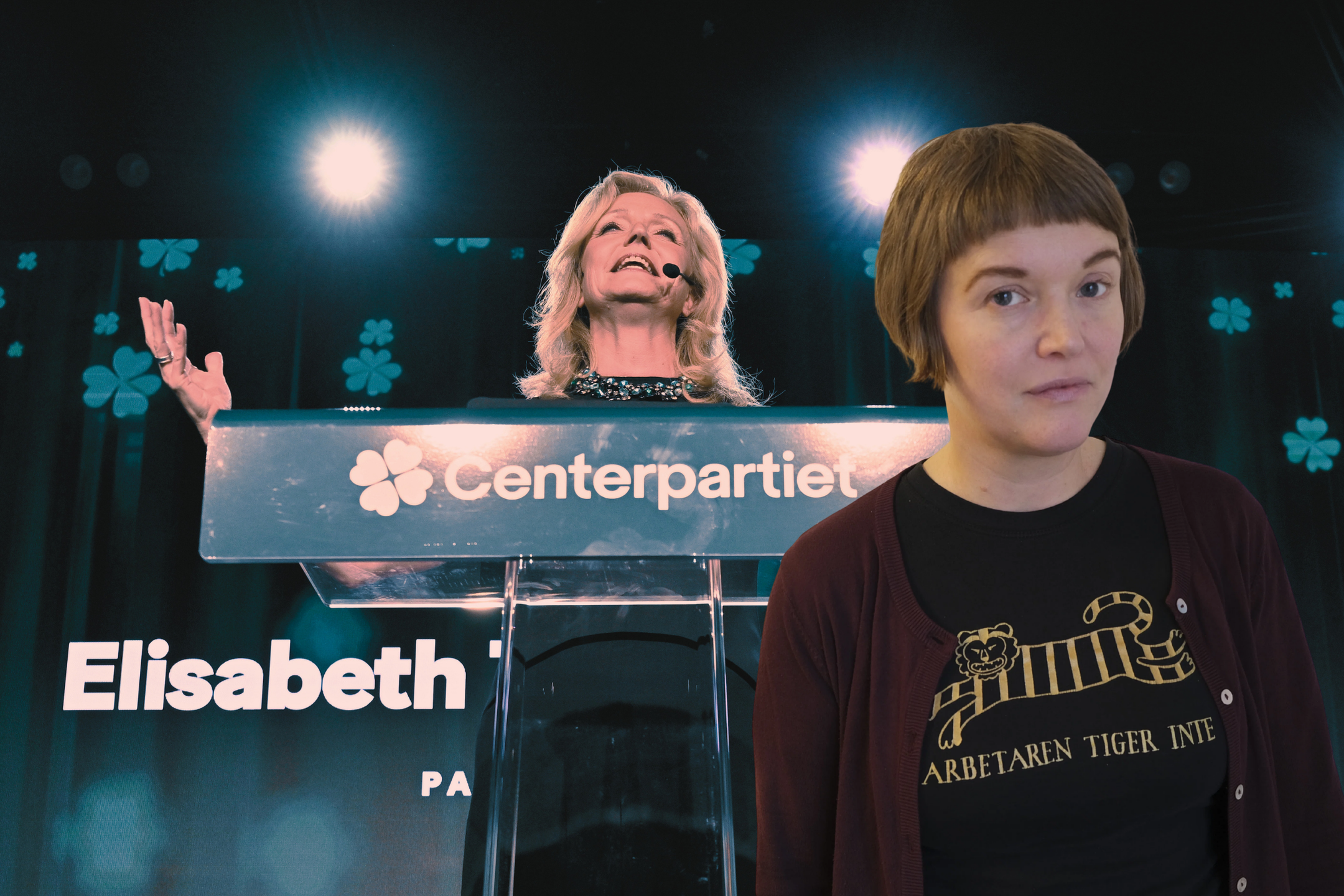 Fotomontage: I förgrunden Arbetarens chefredaktör Amalthea Frantz till höger. I bakgrunden centerpartiets partiledare Elisabeth Kristin Thand Ringqvist,