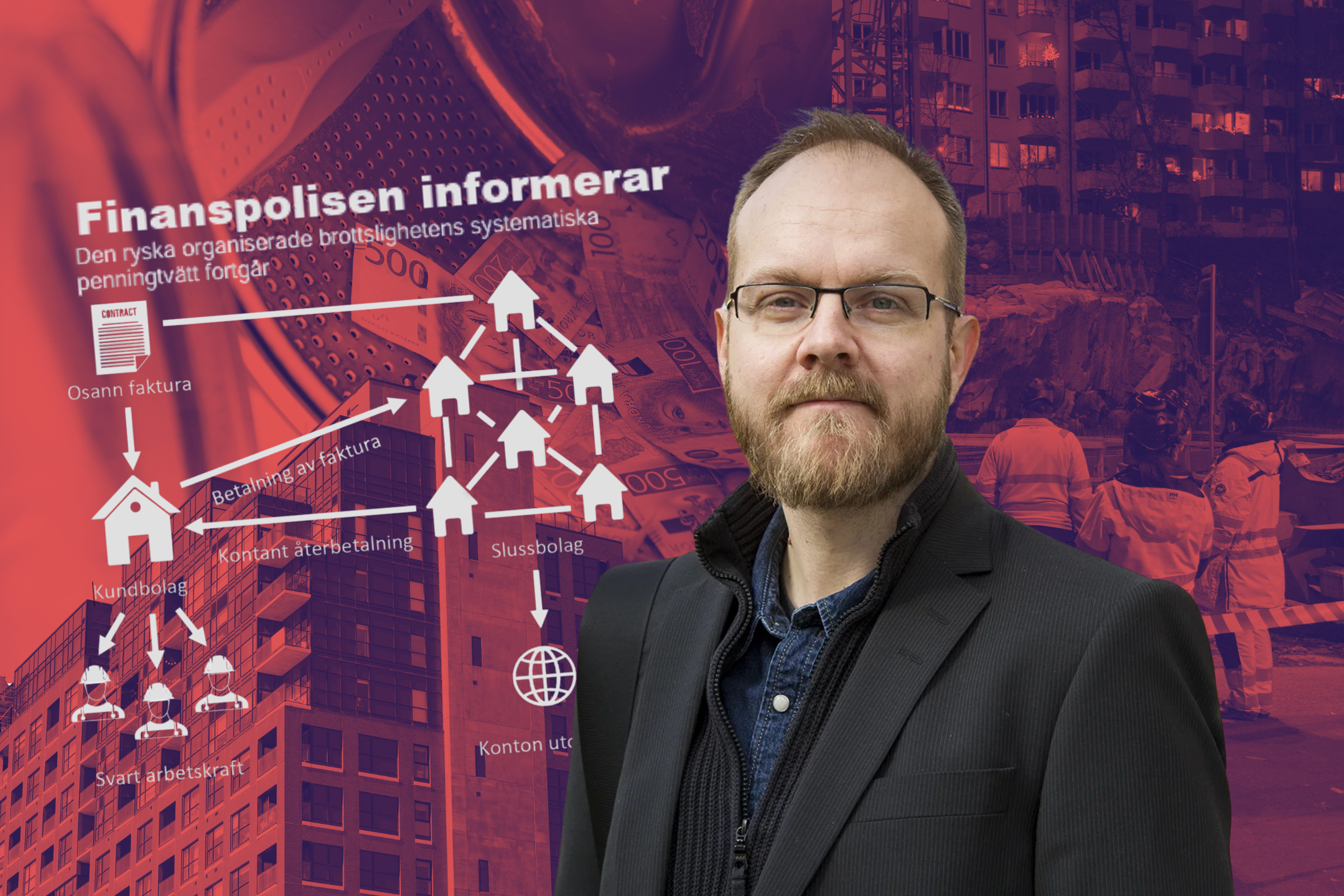 Kollage: Byggarbetsplats och en tvättmaskin med kontanter i bakgrunden. I förgrunden ledarskribenten Per-Anders Svärd och figur över den organiserade brottsligheten